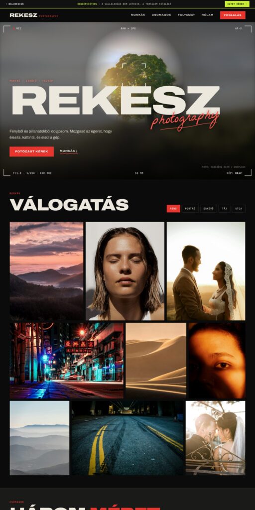 A Rekesz Photography koncepcióterv teljes oldala egy hosszú képernyőképen