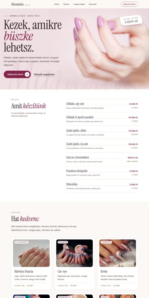A Mandula Nails koncepcióterv teljes oldala egy hosszú képernyőképen